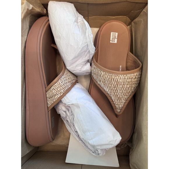 FitFlop Women’s 10 F-Mode Woven Raffia Platform Tan Toe Post Sandals NEW NIB - Picture 8 of 16